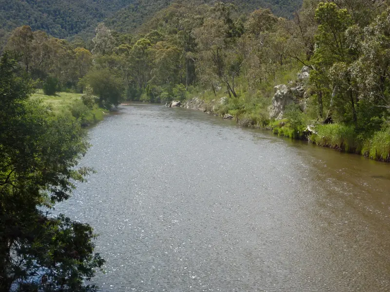 A river winding between steep forested hills